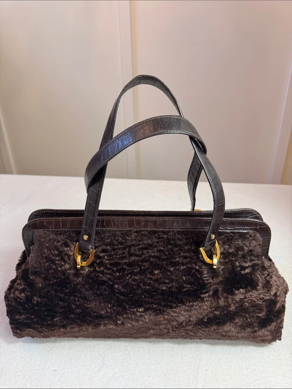 Kate Spade Plush Faux-Shearling Shoulder Bag in Dark Brown